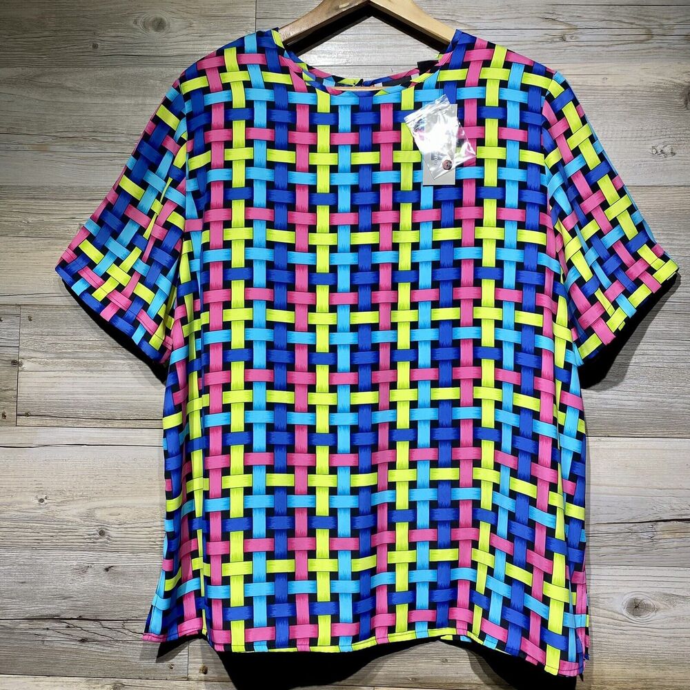 Vintage Maggie Barnes Bright Multicolor Blouse Top Size 18W Basket Weave Silky